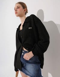 Wavy Textured Oversized Sheer Shirt with AIR SPACE Logo Embroidered