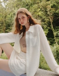 Wavy Textured Oversized Sheer Shirt with AIR SPACE Logo Embroidered