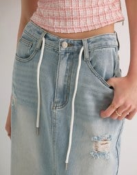 High Waist Distressed Front Slit Jeans Denim Maxi Skirt with Drawstring Detail
