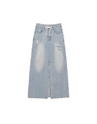 High Waist Distressed Front Slit Jeans Denim Maxi Skirt with Drawstring Detail