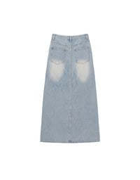 High Waist Distressed Front Slit Jeans Denim Maxi Skirt with Drawstring Detail
