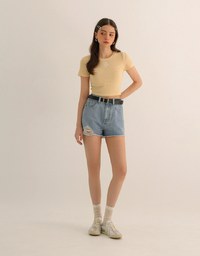 High Waist Distressed Frayed Hem Jeans Denim Shorts (with Belt)