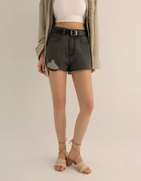 High Waist Distressed Frayed Hem Jeans Denim Shorts (with Belt)