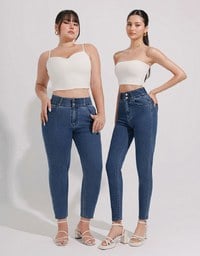 Cooling Fabric Double Button Jeans Denim Skinny Pants with Heart Pocket Stitching