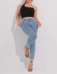 Cooling Fabric Double Button Jeans Denim Skinny Pants with Heart Pocket Stitching