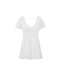 Ruched Front Puff Sleeve Mini Dress with Back Cut out Detail
