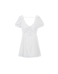 Ruched Front Puff Sleeve Mini Dress with Back Cut out Detail