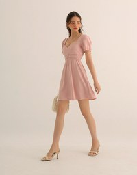 Ruched Front Puff Sleeve Mini Dress with Back Cut out Detail