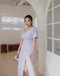 Maxi Dress with Side Slit and Bow Detail at Neckline