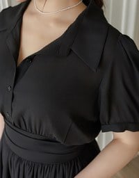 Sheer Chiffon Puff Sleeve Collared Mini Dress with Ruched Waistband Detail