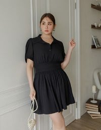 Sheer Chiffon Puff Sleeve Collared Mini Dress with Ruched Waistband Detail