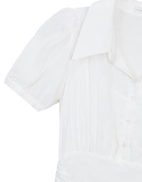 Sheer Chiffon Puff Sleeve Collared Mini Dress with Ruched Waistband Detail