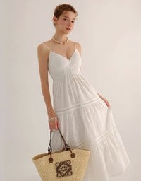 Boho Bohemian Style V Neck Eyelet Lace Tiered Padded Maxi Dress