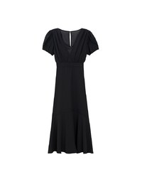 V Neck Sheer Puff Sleeve Padded Maxi Dress with Draped Asymmetrical Hemline