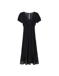 V Neck Sheer Puff Sleeve Padded Maxi Dress with Draped Asymmetrical Hemline