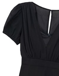 V Neck Sheer Puff Sleeve Padded Maxi Dress with Draped Asymmetrical Hemline