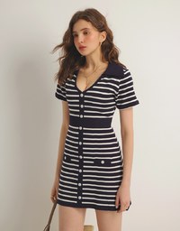Striped Knit Mini Dress with Collar and Decorative Buttons