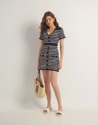 Striped Knit Mini Dress with Collar and Decorative Buttons