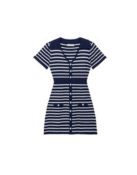 Striped Knit Mini Dress with Collar and Decorative Buttons