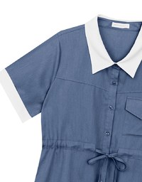 Contrast Collar Button Front Shirt Mini Dress with Drawstring Waist