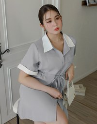 Contrast Collar Button Front Shirt Mini Dress with Drawstring Waist