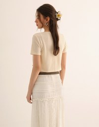 Short Sleeve Buttoned Knit Cardigan And AIR SPACE Logo Embroidered Ribbed Cami Padded Crop Top Set Wear