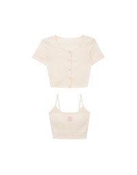 Short Sleeve Buttoned Knit Cardigan And AIR SPACE Logo Embroidered Ribbed Cami Padded Crop Top Set Wear