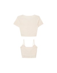 Short Sleeve Buttoned Knit Cardigan And AIR SPACE Logo Embroidered Ribbed Cami Padded Crop Top Set Wear