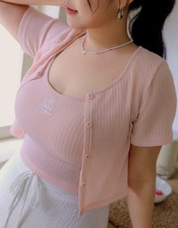 Short Sleeve Buttoned Knit Cardigan And AIR SPACE Logo Embroidered Ribbed Cami Padded Crop Top Set Wear