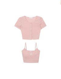 Short Sleeve Buttoned Knit Cardigan And AIR SPACE Logo Embroidered Ribbed Cami Padded Crop Top Set Wear