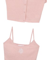 Short Sleeve Buttoned Knit Cardigan And AIR SPACE Logo Embroidered Ribbed Cami Padded Crop Top Set Wear