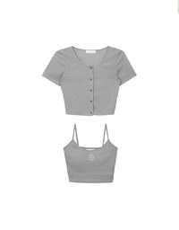Short Sleeve Buttoned Knit Cardigan And AIR SPACE Logo Embroidered Ribbed Cami Padded Crop Top Set Wear