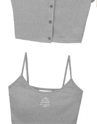 Short Sleeve Buttoned Knit Cardigan And AIR SPACE Logo Embroidered Ribbed Cami Padded Crop Top Set Wear