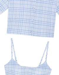 Checkered Button Up Cropped Shirt and Checkered Cami Padded Top Set Wear