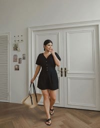Soft Crinkle Textured V Neck Buttoned Front Jumpsuit