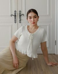 Ruffled Neckline Short Sleeve Knit Vest Top with Button Trim