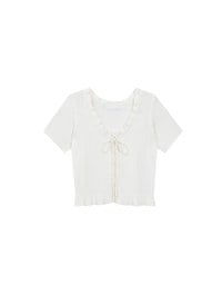 Ruffled Neckline Short Sleeve Knit Vest Top with Button Trim