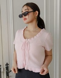 Ruffled Neckline Short Sleeve Knit Vest Top with Button Trim