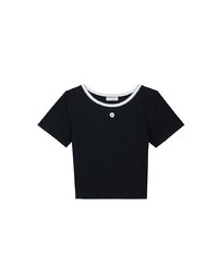 Floral Embroidery Contrast Trim Fitted Ribbed Top