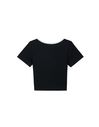 Floral Embroidery Contrast Trim Fitted Ribbed Top