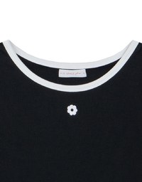 Floral Embroidery Contrast Trim Fitted Ribbed Top
