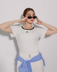 Floral Embroidery Contrast Trim Fitted Ribbed Top