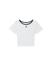 Floral Embroidery Contrast Trim Fitted Ribbed Top