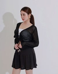 2 Way Ruched Openwork Crochet Knit Cardigan Top with Beaded Tassels