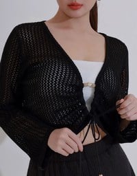 2 Way Ruched Openwork Crochet Knit Cardigan Top with Beaded Tassels