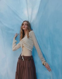 2 Way Ruched Openwork Crochet Knit Cardigan Top with Beaded Tassels