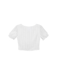 Textured Stripe Puff Sleeve Cropped Top with Decorative Buttons
