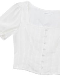 Textured Stripe Puff Sleeve Cropped Top with Decorative Buttons
