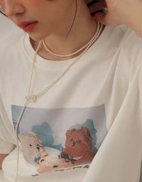 Round Neckline Puppy Print Oversized Graphic Tee
