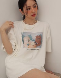 Round Neckline Puppy Print Oversized Graphic Tee
